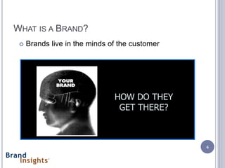 WHAT IS A BRAND?
    Brands live in the minds of the customer




                               HOW DO THEY
                                GET THERE?



                                                6
 
