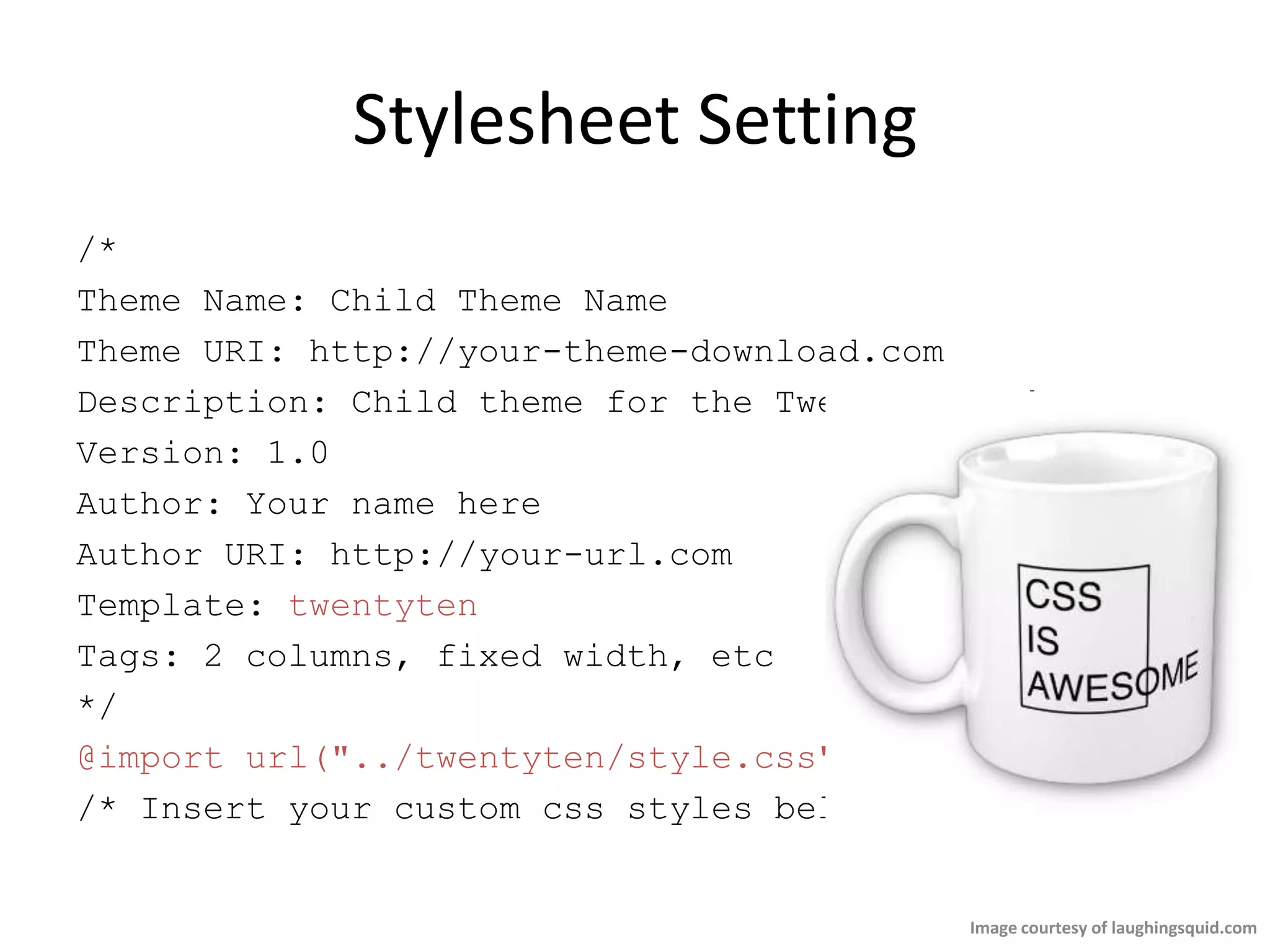 Stylesheet Setting/* Theme Name: Child Theme NameTheme URI: http://your-theme-download.comDescription: Child theme for the Twenty Ten themeVersion: 1.0Author: Your name here Author URI: http://your-url.comTemplate: twentytenTags: 2 columns, fixed width, etc*/@import url("../twentyten/style.css"); /* Insert your custom css styles below */Image courtesy of laughingsquid.com