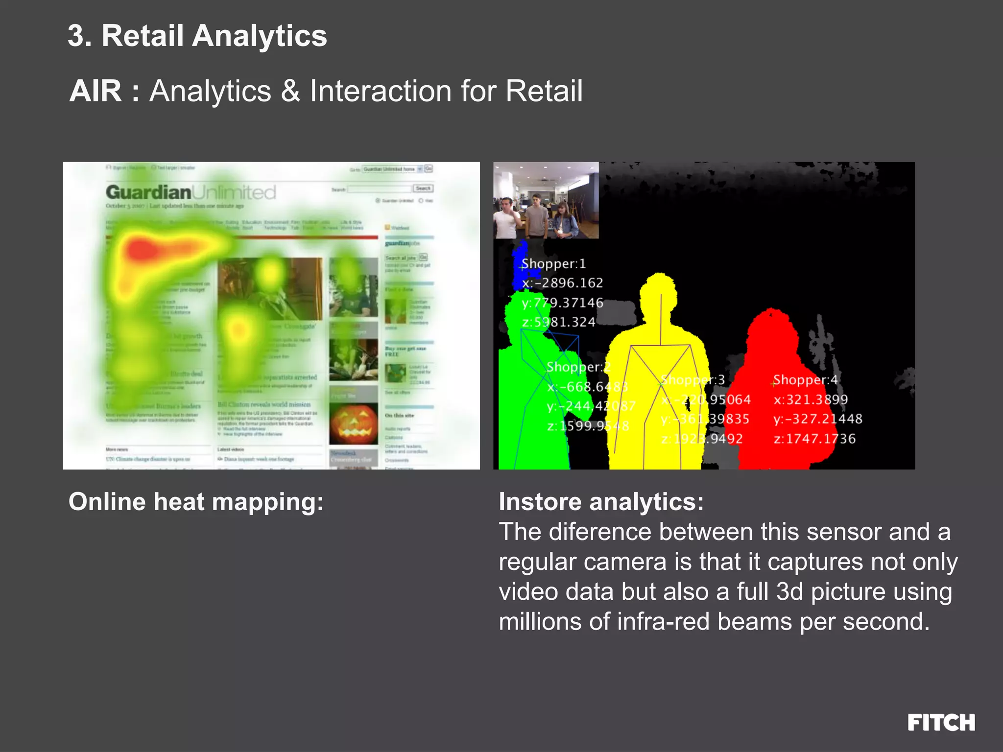 Online heat mapping:
Presentation prepared for adidas
© FITCH
3. Retail Analytics
Instore analytics:
The diference between this sensor and a
regular camera is that it captures not only
video data but also a full 3d picture using
millions of infra-red beams per second.
AIR : Analytics & Interaction for Retail
 