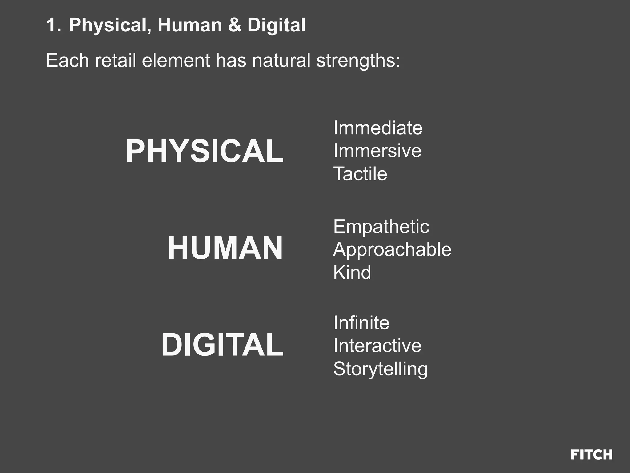 PHYSICAL
HUMAN
DIGITAL
Immediate
Immersive
Tactile
Empathetic
Approachable
Kind
Infinite
Interactive
Storytelling
Each retail element has natural strengths:
1.  Physical, Human & Digital
 