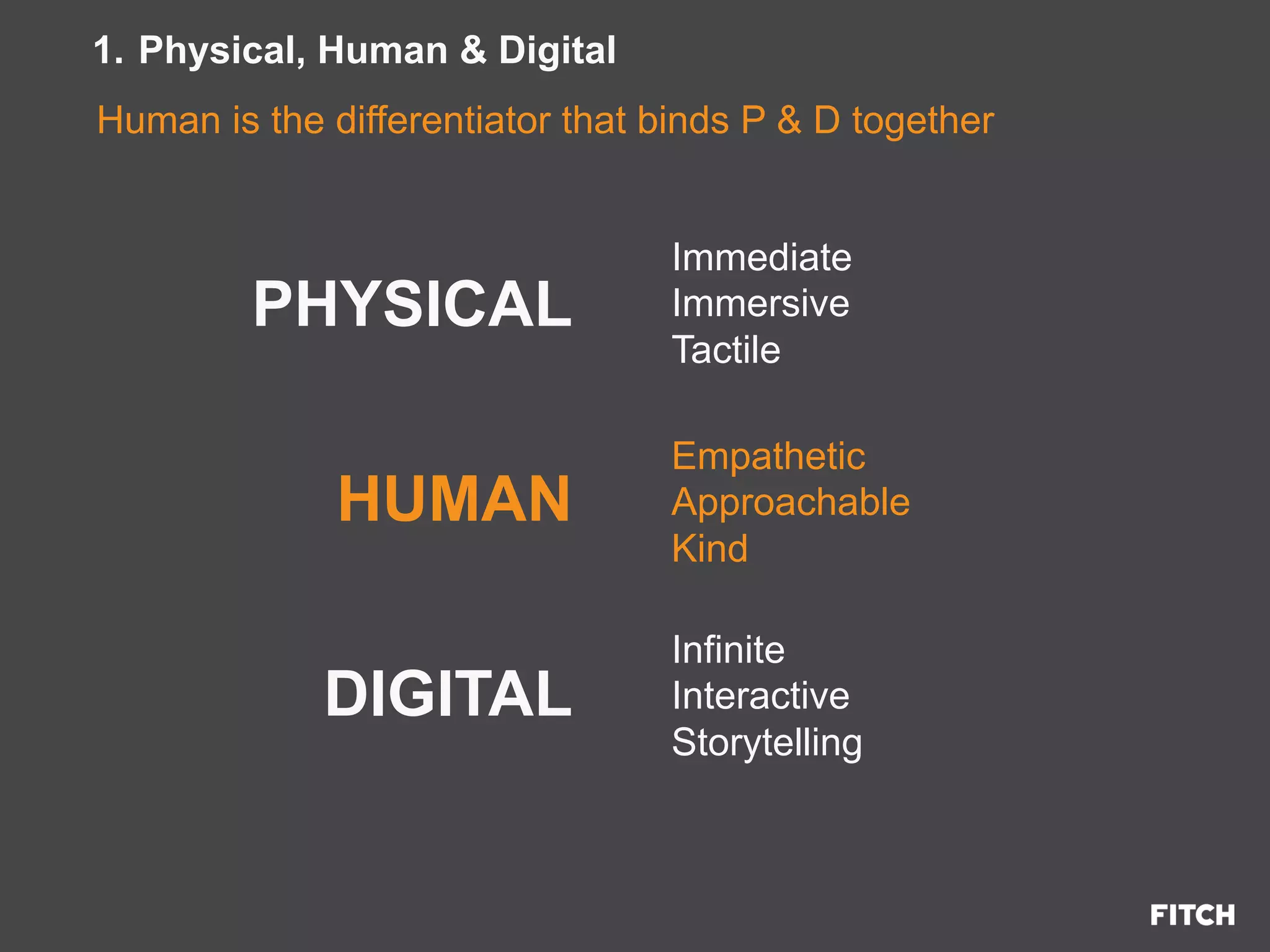 PHYSICAL
HUMAN
DIGITAL
Immediate
Immersive
Tactile
Empathetic
Approachable
Kind
Infinite
Interactive
Storytelling
Human is the differentiator that binds P & D together
1.  Physical, Human & Digital
 