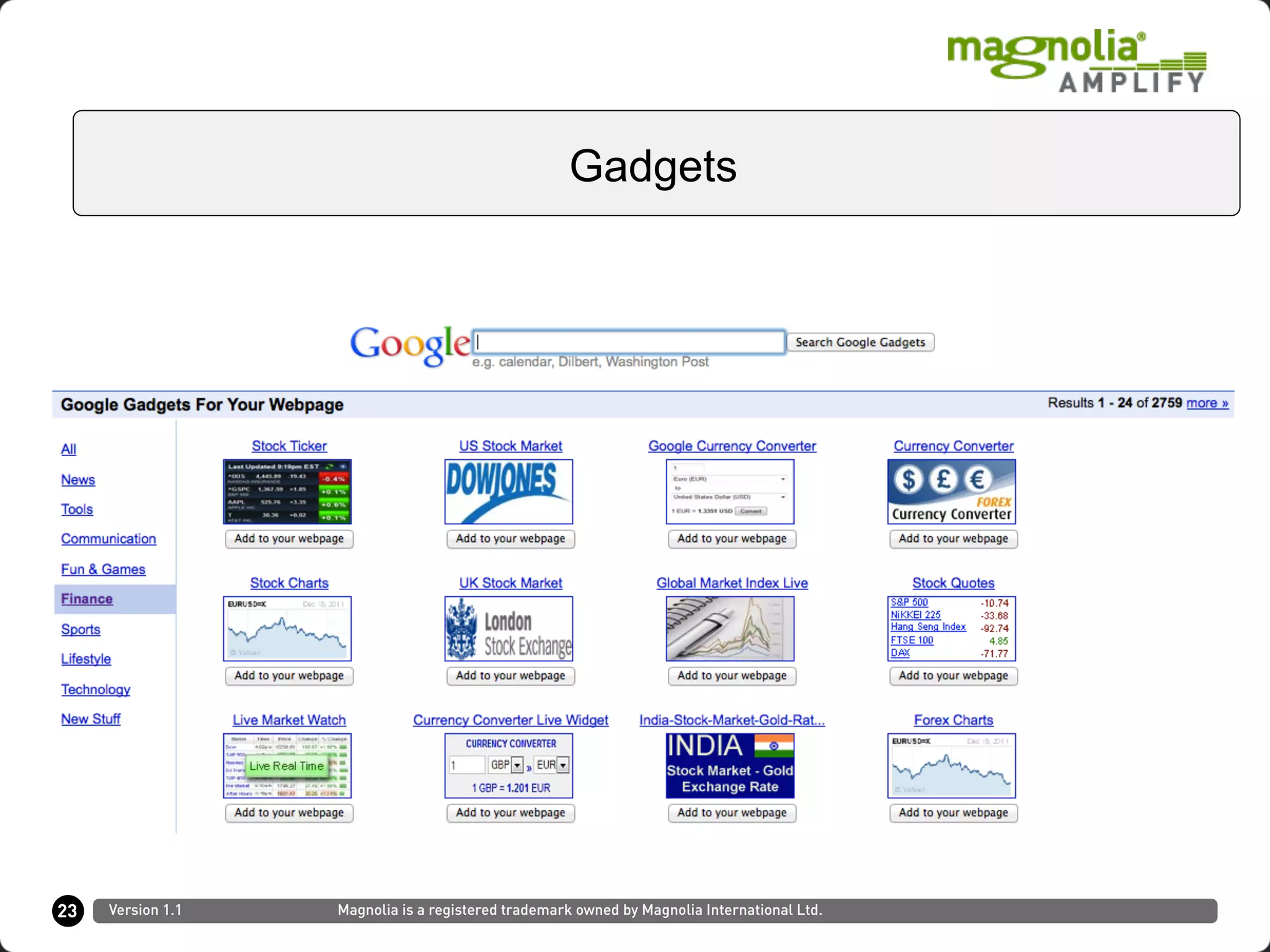 23
Gadgets
Version 1.1 Magnolia is a registered trademark owned by Magnolia International Ltd.
 