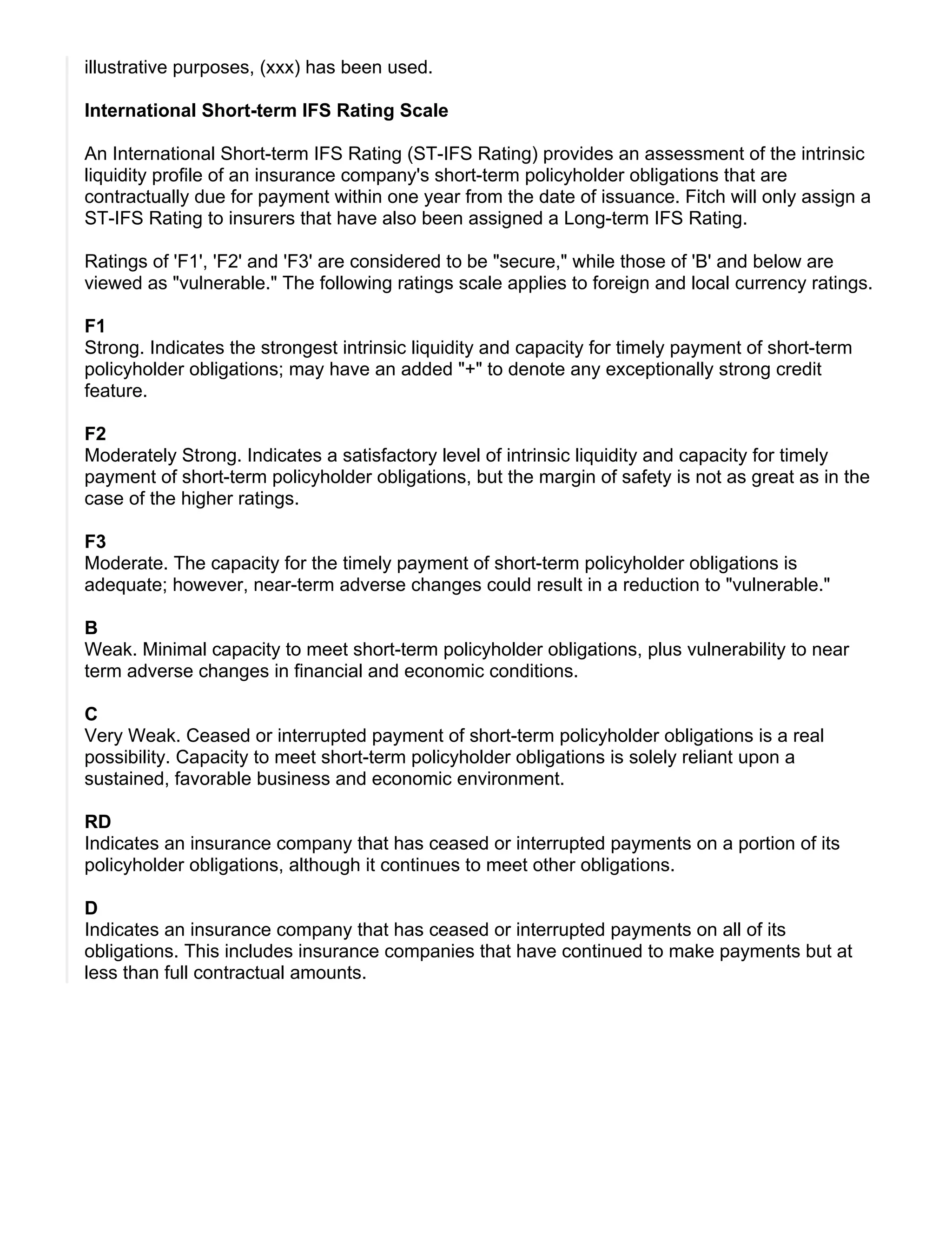 illustrative purposes, (xxx) has been used.
International Short-term IFS Rating Scale
An International Short-term IFS Rating (ST-IFS Rating) provides an assessment of the intrinsic
liquidity profile of an insurance company's short-term policyholder obligations that are
contractually due for payment within one year from the date of issuance. Fitch will only assign a
ST-IFS Rating to insurers that have also been assigned a Long-term IFS Rating.
Ratings of 'F1', 'F2' and 'F3' are considered to be "secure," while those of 'B' and below are
viewed as "vulnerable." The following ratings scale applies to foreign and local currency ratings.
F1
Strong. Indicates the strongest intrinsic liquidity and capacity for timely payment of short-term
policyholder obligations; may have an added "+" to denote any exceptionally strong credit
feature.
F2
Moderately Strong. Indicates a satisfactory level of intrinsic liquidity and capacity for timely
payment of short-term policyholder obligations, but the margin of safety is not as great as in the
case of the higher ratings.
F3
Moderate. The capacity for the timely payment of short-term policyholder obligations is
adequate; however, near-term adverse changes could result in a reduction to "vulnerable."
B
Weak. Minimal capacity to meet short-term policyholder obligations, plus vulnerability to near
term adverse changes in financial and economic conditions.
C
Very Weak. Ceased or interrupted payment of short-term policyholder obligations is a real
possibility. Capacity to meet short-term policyholder obligations is solely reliant upon a
sustained, favorable business and economic environment.
RD
Indicates an insurance company that has ceased or interrupted payments on a portion of its
policyholder obligations, although it continues to meet other obligations.
D
Indicates an insurance company that has ceased or interrupted payments on all of its
obligations. This includes insurance companies that have continued to make payments but at
less than full contractual amounts.
 
