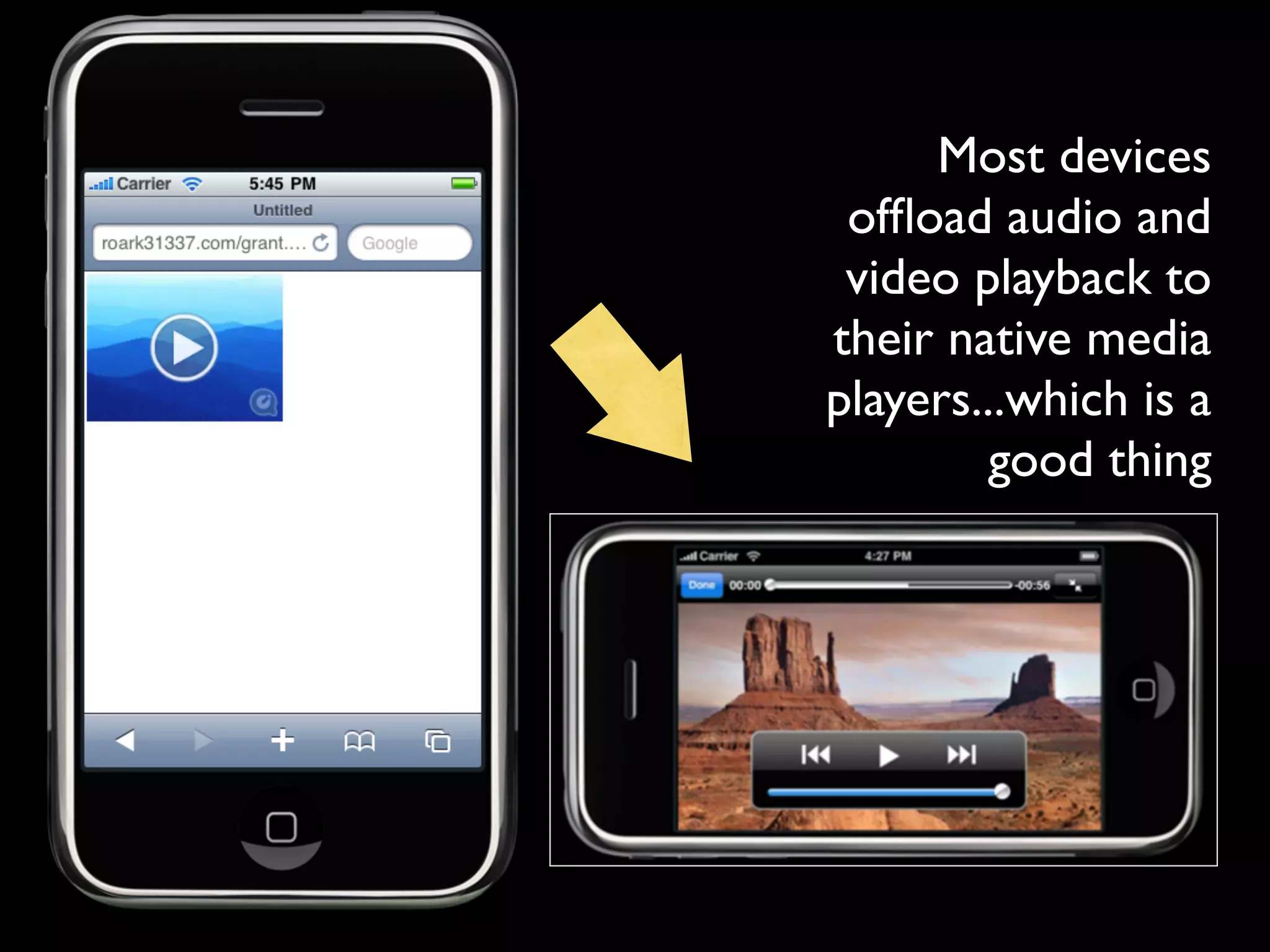 Most devices
 ofﬂoad audio and
 video playback to
their native media
players...which is a
         good thing
 