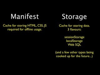 Manifest                         Storage
Cache for storing HTML, CSS, JS     Cache for storing data.
  required for ofﬂine usage.             3 ﬂavours:

                                        sessionStorage
                                         localStorage
                                          Web SQL

                                  (and a few other types being
                                   cooked up for the future...)
 