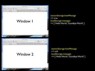 sessionStorage.haveMessage
           => true
Window 1   localStorage.messages
           => [ ‘Hello World’, ‘Goodbye World’ ]




           sessionStorage.haveMessage
           => null
Window 2   localStorage.messages
           => [ ‘Hello World’, ‘Goodbye World’ ]
 