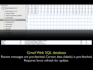 Gmail Web SQL database
Recent messages are pre-fetched. Certain data (labels) is pre-fetched.
                Requires force refresh for update.
 
