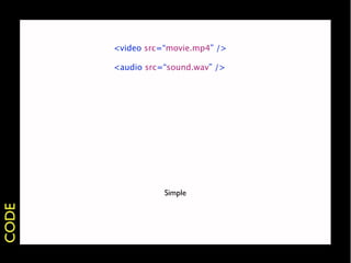 <video src=“movie.mp4” />

       <audio src=“sound.wav” />




                  Simple
CODE
 