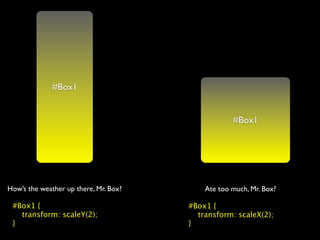 #Box1


                                                   #Box1




How’s the weather up there, Mr. Box?       Ate too much, Mr. Box?

 #Box1 {                               #Box1 {
   transform: scaleY(2);                 transform: scaleX(2);
 }                                     }
 