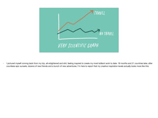 • I pictured myself coming back from my trip, all enlightened and shit, feeling inspired to create my most brilliant work to date. 18 months and 21 countries later, after
countless epic sunsets, dozens of new friends and a bunch of new adventures, I’m here to report that my creative inspiration levels actually looks more like this: 

 