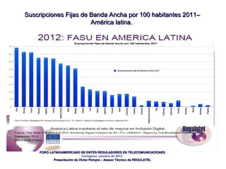Suscripciones Fijas de Banda Ancha por 100 habitantes 2011–
                       América latina.




     FORO LATINOAME...