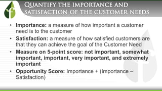 • Importance: a measure of how important a customer
need is to the customer
• Satisfaction: a measure of how satisfied customers are
that they can achieve the goal of the Customer Need
• Measure on 5-point score: not important, somewhat
important, important, very important, and extremely
important
• Opportunity Score: Importance + (Importance –
Satisfaction)
 