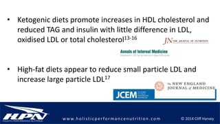 © 2014 Cliff Harveyw w w.h olistic p erforman c en u trition .com
• Ketogenic diets promote increases in HDL cholesterol and
reduced TAG and insulin with little difference in LDL,
oxidised LDL or total cholesterol13-16
• High-fat diets appear to reduce small particle LDL and
increase large particle LDL17
 