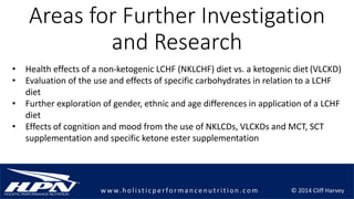 © 2014 Cliff Harveyw w w.h olistic p erforman c en u trition .com
Areas for Further Investigation
and Research
• Health effects of a non-ketogenic LCHF (NKLCHF) diet vs. a ketogenic diet (VLCKD)
• Evaluation of the use and effects of specific carbohydrates in relation to a LCHF
diet
• Further exploration of gender, ethnic and age differences in application of a LCHF
diet
• Effects of cognition and mood from the use of NKLCDs, VLCKDs and MCT, SCT
supplementation and specific ketone ester supplementation
 