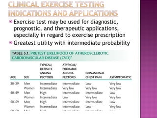 Exercise test may be used for diagnostic, prognostic, and therapeutic applications, especially in regard to exercise prescription Greatest utility with intermediate probability 