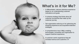 What’s in it for Me?
• A differentiated, relevant site/store experience
based on an understanding customer
motivations and goals
• A cohesive strategy that thinks about all
customer touchpoints that make up the
customer journey
• Get organization-wide buy-in for optimizing the
shopping experience and acquisition/retention
strategies
• A comprehensive map of ALL enabling
technologies, processes and organization to
support customer experience
• A customer centric experience that will
increase revenue and customer LTV
 