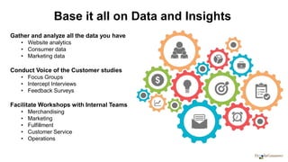 Base it all on Data and Insights
Gather and analyze all the data you have
• Website analytics
• Consumer data
• Marketing data
Conduct Voice of the Customer studies
• Focus Groups
• Intercept Interviews
• Feedback Surveys
Facilitate Workshops with Internal Teams
• Merchandising
• Marketing
• Fulfillment
• Customer Service
• Operations
 