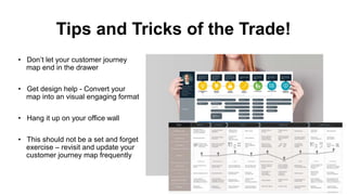 Tips and Tricks of the Trade!
• Don’t let your customer journey
map end in the drawer
• Get design help - Convert your
map into an visual engaging format
• Hang it up on your office wall
• This should not be a set and forget
exercise – revisit and update your
customer journey map frequently
 