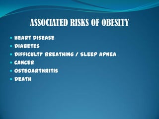 ASSOCIATED RISKS OF OBESITYHeart DiseaseDiabetesDifficulty Breathing / Sleep ApneaCancerOsteoarthritisDeath