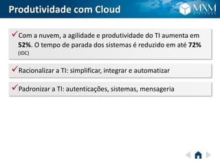 Produtividade com Cloud
Com a nuvem, a agilidade e produtividade do TI aumenta em
52%. O tempo de parada dos sistemas é reduzido em até 72%
(IDC)
Racionalizar a TI: simplificar, integrar e automatizar
Padronizar a TI: autenticações, sistemas, mensageria
 