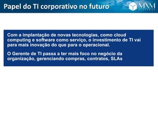 Papel do TI corporativo no futuro
Com a implantação de novas tecnologias, como cloud
computing e software como serviço, o investimento de TI vai
para mais inovação do que para o operacional.
O Gerente de TI passa a ter mais foco no negócio da
organização, gerenciando compras, contratos, SLAs
 