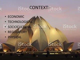 CONTEXT:-
• ECONOMIC
• TECHNOLOGICAL
• SOCIOCULTURAL
• REGULATORY
• PHYSICAL
 