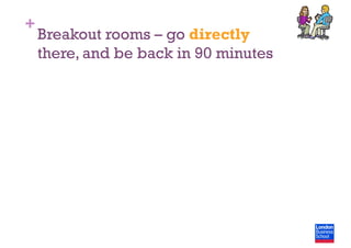 +
Breakout rooms – go directly
there, and be back in 90 minutes
 