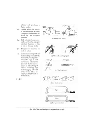 of the work produces a
flatter surface.
(f) Clamps protect the surface
of the finished job. Without
clamps jaw impressions are
made on the finished
surfaces.
(g) Body action applies pressure
on forward stroke and relief
on return. Blde must be fitted
to cut on forward stroke.
(h) There must be more than one
tooth in action.
(i) Commence cutting with saw
blade slightly inclined to the
horizontal, picking up the
line at far edge of work
and proceed to horizontal
position. In the second
case it is difficult to pick
up line accurately with
blade engaging full width
of the work. Blade too
steeply inclined results in
broken teeth.
1.13.2
Get rid of low self esteem – believe in yourself.
 