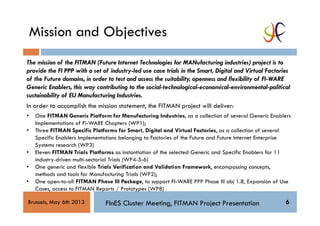 FInES Cluster Meeting, FITMAN Project Presentation 6Brussels, May 6th 2013
Mission and Objectives
The mission of the FITMA...