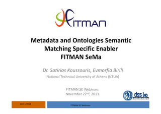 Metadata and Ontologies Semantic 
Matching Specific Enabler
FITMAN SeMa
Dr. Sotirios Koussouris, Evmorfia Birili
National Technical University of Athens (NTUA)
FITMAN SE Webinars
November 22nd, 2013
22/11/2013

FITMAN SE Webinars

 