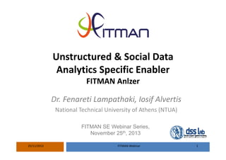 Unstructured & Social Data 
Analytics Specific Enabler
FITMAN Anlzer
Dr. Fenareti Lampathaki, Iosif Alvertis
National Technical University of Athens (NTUA)
FITMAN SE Webinar Series,
November 25th, 2013
25/11/2013

FITMAN Webinar

1

 