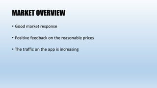 MARKET OVERVIEW
• Good market response
• Positive feedback on the reasonable prices
• The traffic on the app is increasing
 