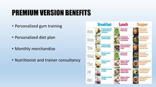 PREMIUM VERSION BENEFITS
• Personalized gym training
• Personalized diet plan
• Monthly merchandise
• Nutritionist and trainer consultancy
 