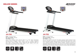 11
DELUXE SERIES
JK-736
Motor : 2.5 HP DC Duty.
Max. User Weight : 120 kgs.
Net Weight : 61 kgs.
Hand Touch Readout Pulse, Running Belt: 17” X 50”, Shock Absorbing
Running Deck, Foldable, Power Incline: 0~10%, 5 Preset Programs
with 400m Track Imitation, Quick Speed Bar, Slip Resistant Pads on
both Sides of Frame, Motor Incline, Toggle Switch, Speed: 0.8~16 kph.
Dimension (LxWxH): 1630 x 740 x 1330 mm
JK-735
Motor : 2.5 HP DC Duty.
Max. User Weight : 120 kgs.
Net Weight : 77 kgs.
105 x 57 mm Backlit LCD with 1 Dot Matrix displays: Speed, Distance, Time,
Calories, Program, Level, Pulse, Lap, MCB: PWM Controller, Speed: 0.8 ~ 16kph
(0.5 ~ 10mph), Gradient: 3-Range Manual, Program: 1 Manual, 5 Preset in 3
Level Intensity. Running Size: 430 x 1270 mm (17x50”), Manual Folding. Shock
Absorbers. Safety Key and Hand Pulse. Big Rack with Three Compartments.
Bottle Holders and Transport Wheels, Dimension (LxWxH): 1630x740x1390mm
(Made in Taiwan)
DC MotorDC Motor FoldableMotor Incline Emergency Stop
SAFETY
KEY
Emergency Stop
SAFETY
KEY
Manual InclineFoldable
 