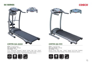 15
SX SERIES
CMTM-SX-2222
Motor : 1.5 HP DC Duty.
Max. User Weight : 100 kgs.
Net Weight : 57 kgs.
4-in-1 Motorised Treadmill, Manual Incline, Belt Size: 15x44”,
Speed: 1.0~12 kph, Foldable, Emergency Stop, Vibration Belt, Twister &
Sit Up Pads. Meter Displays : Time, Speed, Distance, Calorie.
CMTM-SX-1111
Motor : 1.5 HP DC Duty.
Max. User Weight : 100 kgs.
Net Weight : 49 kgs.
Manual Incline, Belt Size: 15x44”, Speed: 1.0~12 kph, Foldable,
Emergency Stop. Meter Displays: Time, Speed, Distance, Calorie.
DC Motor DC MotorFoldable FoldableManual Incline Manual InclineEmergency Stop
SAFETY
KEY
Emergency Stop
SAFETY
KEY
 
