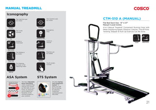 21
MANUAL TREADMILL
21
CTM-510 A (MANUAL)
Flat Bed Deck Size : 15” X 47”
Manual 3 Level Incline.
4-in-1 Manual Treadmill. Convenient Running Area with
Meter Displaying Speed, Distance, Calories, Time & Pulse.
Twisting, Stepper & Push Up Exercise Can Be Done.
Foldable Manual Incline
AC Motor DC Motor
Power Fold
Emergency Stop
SAFETY
KEY
Fan
Manual InclineMotor Incline
Touch PanelUSB Port
USB
The machine uses
AC motor
The machine uses
DC motor
The folding is
by motor
Emergency
Stop
Touch screen
console
Incline is
motorised
Incline is
manual
For listening
to music or for
Watching video
Fan in the
console
10% 20% 30%
40% 50%
The New Spring-
Tech Suspension
System*. It
gives you real
joy of running
by allowing
customize
cushioning from
10%~50%
The New Adjustable
Shock Absorbing
(ASA) treadmill that
reduces the Impact
by 10%-30% on your
knees, by allowing
you to adjust the
ﬂexibility of the
running surface to
your comfort.
Iconography
ASA System STS System
Foldable
Machine can
be folded
 
