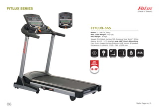 06
FITLUX-365
Motor : 2.7 HP DC Duty.
Max. User Weight : 120 kgs.
Net Weight : 81 kgs.
Speed: 0.8-16 kph, Incline: 12%, Running Size: 18x52”, 2 Dot
Matrix, 4 LED, 1 LCD display, new ASA* Shock Absorbing,
Fan, Quick Speed/Incline Buttons, USB Socket & Speaker,
Dimension (LxWxH)- 1700 x 780 x 1555 mm
FITLUX SERIES
DC Motor ASA System
ASA
USB Port
USB
Motor InclineEmergency Stop
SAFETY
KEY
Foldable
(Made in Taiwan)
*Refer Page no. 21
10~30%
JOINT
IMPACT
REDUCTION
 