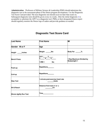13
Administration. Professors of Military Science & Leadership (PMS) should administer the
diagnostic test in the assessment phase of the fitness program development. Use the Diagnostic
Test Score Card provided. The next diagnostic test should occur no later than week six.
Subsequent diagnostic tests should be given every six weeks. After the initial diagnostic it is
acceptable to substitute the APFT as a diagnostic tool. PMSs or their designated fitness expert
should regularly monitor the fitness logs of cadets and provide guidance as needed.
Diagnostic Test Score Card
Last Name First Name MI
Gender M or F Age
Height _____inches
Weight ______lbs Body Fat ______%
Bench Press
Lift 1_____ 2_____
3_____ 4_____ 5_____
1-RM = lbs
1 Rep Maximum Divided by
Bodyweight =
Push-up
Repetitions_______
Curl-up
Repetitions_______
Step Test
1-minute post-exercise heart rate
_______beats
Sit & Reach
Distance from toes (+ or -)
________cm
Illinois Agility Run Test
Time____________
 