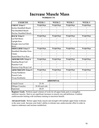 19
Increase Muscle Mass
WORKOUT B
EXERCISE WEEK 1 WEEK 2 WEEK 3 WEEK 4
CHEST Triset 1 Weight/Reps Weight/Reps Weight/Reps Weight/Reps
Incline Dumbbell Bench / / / /
Flat Dumbbell Bench / / / /
Decline Dumbbell Bench / / / /
BACK Triset 2 Weight/Reps Weight/Reps Weight/Reps Weight/Reps
Lat Pull Down / / / /
Upright Row / / / /
Straight Arm Lat Pull-
down
/ / / /
SHOULDER Triset 3 Weight/Reps Weight/Reps Weight/Reps Weight/Reps
Dumbbell Shoulder Press / / / /
Cleans / / / /
Seated Bent Over Row / / / /
ARM/BICEPS Triset 4 Weight/Reps Weight/Reps Weight/Reps Weight/Reps
Standing Bicep Curl / / / /
Preacher Curl / / / /
Hammer-Grip Bicep Curl / / / /
ARM/TRICEPS Triset 5 Weight/Reps Weight/Reps Weight/Reps Weight/Reps
Tricep Pushdown / / / /
French Curls / / / /
Tricep Kickbacks / / / /
ABDOMINAL
Crunch Circuit 25-30
Oblique Crunches 30-40 each side
Superman 20-25
Beginner Goals: Perform equal volumes of work for all upper-body parts to strengthen
stabilizer muscles. Start to see significant increases in muscle size and definition. Combine
cardiovascular training with resistance training to maximize benefit.
Advanced Goals: Bolster upper-body muscle and strength with multiple upper-body workouts
in the same week. Increase your body’s ability to tolerate max cardiovascular effort in order to
improve endurance and increase metabolism.
 