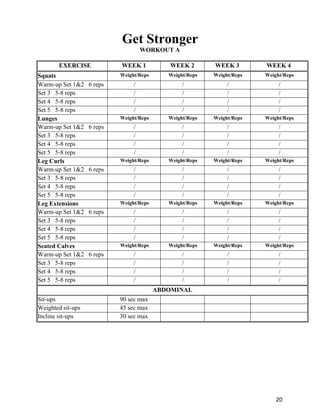 20
Get Stronger
WORKOUT A
EXERCISE WEEK 1 WEEK 2 WEEK 3 WEEK 4
Squats Weight/Reps Weight/Reps Weight/Reps Weight/Reps
Warm-up Set 1&2 6 reps / / / /
Set 3 5-8 reps / / / /
Set 4 5-8 reps / / / /
Set 5 5-8 reps / / / /
Lunges Weight/Reps Weight/Reps Weight/Reps Weight/Reps
Warm-up Set 1&2 6 reps / / / /
Set 3 5-8 reps / / / /
Set 4 5-8 reps / / / /
Set 5 5-8 reps / / / /
Leg Curls Weight/Reps Weight/Reps Weight/Reps Weight/Reps
Warm-up Set 1&2 6 reps / / / /
Set 3 5-8 reps / / / /
Set 4 5-8 reps / / / /
Set 5 5-8 reps / / / /
Leg Extensions Weight/Reps Weight/Reps Weight/Reps Weight/Reps
Warm-up Set 1&2 6 reps / / / /
Set 3 5-8 reps / / / /
Set 4 5-8 reps / / / /
Set 5 5-8 reps / / / /
Seated Calves Weight/Reps Weight/Reps Weight/Reps Weight/Reps
Warm-up Set 1&2 6 reps / / / /
Set 3 5-8 reps / / / /
Set 4 5-8 reps / / / /
Set 5 5-8 reps / / / /
ABDOMINAL
Sit-ups 90 sec max
Weighted sit-ups 45 sec max
Incline sit-ups 30 sec max
 