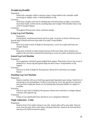 30
Straight-leg Deadlift
Preparation
Stand with a shoulder width or narrower stance. Grasp barbell with a shoulder width
mixed grip or slightly wider; or hold dumbbells at side.
Execution
With knees straight, lower bar by bending hips until hamstrings are tight, or just before
lower back bends. Lift the bar by extending hips until straight. Pull shoulders back at top
of lift if rounded. Repeat.
Comments
Throughout lift keep arms, knees, and back straight.
Lying Leg Curl Machine
Preparation
Facing bench, stand between bench and lever pads. Lie prone on bench with knees just
beyond edge of bench and lower legs under lever pads. Grasp handles.
Execution
Raise lever pads to back of thighs by flexing knees. Lower lever pads until knees are
straight. Repeat.
Comments
Keep torso on bench to reduce hyperextension of the lower back. Most machines are
angled at the users hip to position the hamstring in a more favorable mechanical position.
Seated Leg Curl Machine
Preparation
Sit on apparatus with back against padded back support. Place back of lower leg on top of
padded lever. Secure lap pad against thigh just above knees. Grasp handles on lap
support.
Execution
Pull lever to back of thighs by flexing knees. Return lever until knees are straight.
Repeat.
Standing Leg Curl Machine
Preparation
Stand in machine with one or both legs against pads dependent upon design. Stand foot of
resting leg on elevated platform. Position exercising leg: lower leg against lever pad and
knee just below thigh pad. Bend over by bending hips and grasp handles for support if
available.
Execution
Pull lever up to back of thigh by flexing knee. Return lever until knee is straight. Repeat.
Continue with opposite leg.
Comments
If hips are not significantly bent, hip flexors act as antagonist stabilizers.
Thigh Adduction - Cable
Preparation
Stand in front of low pulley facing to one side. Attach cable cuff to near ankle. Step out
away from the stack with a wide stance and grasp ballet bar. Stand on far foot and allow
near leg to be Pulled toward low pulley.
 