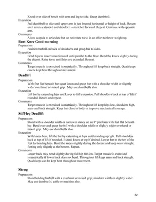 32
Kneel over side of bench with arm and leg to side. Grasp dumbbell.
Execution
Pull dumbbell to side until upper arm is just beyond horizontal or height of back. Return
until arm is extended and shoulder is stretched forward. Repeat. Continue with opposite
arm.
Comments
Allow scapula to articulate but do not rotate torso in an effort to throw weight up.
Bent Knee Good-morning
Preparation
Position barbell on back of shoulders and grasp bar to sides.
Execution
Bend hips to lower torso forward until parallel to the floor. Bend the knees slightly during
the decent. Raise torso until hips are extended. Repeat.
Comments
Target muscle is exercised isometrically. Throughout lift keep back straight. Quadriceps
can be kept bent throughout movement.
Deadlift
Preparation
With feet flat beneath bar squat down and grasp bar with a shoulder width or slightly
wider over hand or mixed grip. May use dumbbells also.
Execution
Lift bar by extending hips and knees to full extension. Pull shoulders back at top of lift if
rounded. Return and repeat.
Comments
Target muscle is exercised isometrically. Throughout lift keep hips low, shoulders high,
arms and back straight. Keep bar close to body to improve mechanical leverage.
Stiff-leg Deadlift
Preparation
Stand with a shoulder width or narrower stance on an 8" platform with feet flat beneath
bar. Bend over and grasp barbell with a shoulder width or slightly wider overhand or
mixed grip. May use dumbbells also.
Execution
With knees bent, lift the bar by extending at hips until standing upright. Pull shoulders
back at top of lift if rounded. Extend knees at top if desired. Lower bar to the top of the
feet by bending hips. Bend the knees slightly during the decent and keep waist straight,
flexing only slightly at the bottom. Repeat.
Comments
Lower back may bend slightly during full hip flexion. Target muscle is exercised
isometrically if lower back does not bend. Throughout lift keep arms and back straight.
Quadriceps can be kept bent throughout movement.
Shrug
Preparation
Stand holding barbell with a overhand or mixed grip; shoulder width or slightly wider.
May use dumbbells, cable or machine also.
 
