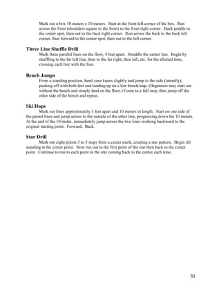53
Mark out a box 10 meters x 10 meters. Start at the front left corner of the box. Run
across the front (shoulders square to the front) to the front right corner. Back peddle to
the center spot, then out to the back right corner. Run across the back to the back left
corner. Run forward to the center spot, then out to the left corner.
Three Line Shuffle Drill
Mark three parallel lines on the floor, 4 feet apart. Straddle the center line. Begin by
shuffling to the far left line, then to the far right, then left, etc. for the allotted time,
crossing each line with the foot.
Bench Jumps
From a standing position, bend your knees slightly and jump to the side (laterally),
pushing off with both feet and landing up on a low bench/step. (Beginners may start out
without the bench and simply land on the floor.) Come to a full stop, then jump off the
other side of the bench and repeat.
Ski Hops
Mark out lines approximately 3 feet apart and 10 meters in length. Start on one side of
the paired lines and jump across to the outside of the other line, progressing down the 10 meters.
At the end of the 10 meter, immediately jump across the two lines working backward to the
original starting point. Forward; Back.
Star Drill
Mark out eight points 3 to 5 steps from a center mark, creating a star pattern. Begin rill
standing at the center point. Now run out to the first point of the star then back to the center
point. Continue to run to each point in the star coming back to the center each time.
 