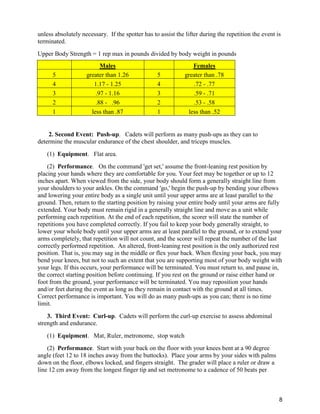 8
unless absolutely necessary. If the spotter has to assist the lifter during the repetition the event is
terminated.
Upper Body Strength = 1 rep max in pounds divided by body weight in pounds
Males Females
5 greater than 1.26 5 greater than .78
4 1.17 - 1.25 4 .72 - .77
3 .97 - 1.16 3 .59 - .71
2 .88 - .96 2 .53 - .58
1 less than .87 1 less than .52
2. Second Event: Push-up. Cadets will perform as many push-ups as they can to
determine the muscular endurance of the chest shoulder, and triceps muscles.
(1) Equipment. Flat area.
(2) Performance. On the command 'get set,' assume the front-leaning rest position by
placing your hands where they are comfortable for you. Your feet may be together or up to 12
inches apart. When viewed from the side, your body should form a generally straight line from
your shoulders to your ankles. On the command 'go,' begin the push-up by bending your elbows
and lowering your entire body as a single unit until your upper arms are at least parallel to the
ground. Then, return to the starting position by raising your entire body until your arms are fully
extended. Your body must remain rigid in a generally straight line and move as a unit while
performing each repetition. At the end of each repetition, the scorer will state the number of
repetitions you have completed correctly. If you fail to keep your body generally straight, to
lower your whole body until your upper arms are at least parallel to the ground, or to extend your
arms completely, that repetition will not count, and the scorer will repeat the number of the last
correctly performed repetition. An altered, front-leaning rest position is the only authorized rest
position. That is, you may sag in the middle or flex your back. When flexing your back, you may
bend your knees, but not to such an extent that you are supporting most of your body weight with
your legs. If this occurs, your performance will be terminated. You must return to, and pause in,
the correct starting position before continuing. If you rest on the ground or raise either hand or
foot from the ground, your performance will be terminated. You may reposition your hands
and/or feet during the event as long as they remain in contact with the ground at all times.
Correct performance is important. You will do as many push-ups as you can; there is no time
limit.
3. Third Event: Curl-up. Cadets will perform the curl-up exercise to assess abdominal
strength and endurance.
(1) Equipment. Mat, Ruler, metronome, stop watch
(2) Performance. Start with your back on the floor with your knees bent at a 90 degree
angle (feet 12 to 18 inches away from the buttocks). Place your arms by your sides with palms
down on the floor, elbows locked, and fingers straight. The grader will place a ruler or draw a
line 12 cm away from the longest finger tip and set metronome to a cadence of 50 beats per
 