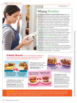 eatright news
                                                                                                             BY SARA WELLS




                                                                   Wrong Number
                                                                   You check food labels to make healthy choices. But new
                                                                   research shows that a product’s calorie count may be up to
                                                                     percent higher than the number listed on the package,
                                                                   and other nutrition facts could also be wrong. “The FDA is
                                                                   responsible for regulating this information, but the sheer
                                                      ully!
                                          Read carefucts           number of products makes it impossible to constantly
                                           Some prod beled.
                                                                   check for accuracy,” says Carol Harvey, president of
                                                    la
                                          may be mis
                                                                   Palate Works, a nutrition consulting company. Watch out
                                                                   for these three top mistakes.
                                                                   Facts don’t add up. Carbs should be equal to or greater
                                                                   than the combined total grams of sugar and fiber. If a




                                                                                                                                          NECKL ACE. FRENCH CONNECTION TANK. WHITE AND WARREN CARDIGAN. THIS PAGE : SAR A FORREST. STILLS : PETER ARDITO. FOOD ST YLIST: SUSAN VAJAR ANANT. PROP ST YLIST: SUSAN BYRNES
                                                                                                                                          PRE VIOUS PAGE : DENISE CREW. HAIR : CHEN HO WITH FORD ARTISTS FOR KER ASTASE. MAKEUP: VICKIE GR ANADO USING MAC COSMETICS. ALICE RIT TER TOP. TIBI DRESS. WE DRE AM IN COLOUR
                                                                   cookie has three grams of fiber and eight grams of sugar
                                                                   but the label lists just eight grams of carbs, it’s an error.
                                                                   Nutrient levels are inflated. Heat reduces vitamin C,
                                                                   so cooked foods and pasteurized juices are unlikely to
                                                                   contain high amounts. If the label says a product has
                                                                          percent of the vitamin, check the ingredients list to
                                                                   make sure it includes ascorbic acid. This means that the
                                                                   vitamin was added after processing.
                                                                   The amount of sodium is MIA. If salt is on the ingredients
                                                                   list, the amount of sodium should be printed in the nutrition
                                                                   facts, even if it’s only five grams. Always compare the two
                                                                   to make sure they match. —Sarah D’Angelo


        A Better Brunch Can’t decide between pancakes and
        French toast? See which menu options will satisfy your Sunday-
        morning cravings without derailing your diet. —Danielle Alvarez


                                                   ▼ The winner: bagel with cream
                                                   cheese and lox, which has
                                                   520 calories, versus 580 calories
                                                                                        Chocolate-c
                                                                                                     vs.
                       vs.
                                                   ● What clinched it: Lox has                      hip          French toast
                                                   heart-healthy omega-3s.                pancakes


                                                                                    m
      Three-egg cheese           Eggs, sausage,   Bagel with bacon, Bagel with crea
      omelet with home            hash browns      egg and cheese    cheese and lox              ▲ The winner: chocolate-
        fries and toast            and toast                                                     chip pancakes, which have


                                                                vs.
                                                                                                 720 calories, versus 738 calories
                                                                                                 ● What clinched it: French toast
        ▲ The winner: eggs, sausage, hash                                                        is typically prepared with extra-thick
        browns and toast, which have                                                             bread, which soaks up whole milk
        902 calories, versus 936 calories                                                        and butter, giving this option nine
                                                                                                 more grams of fat than the flapjacks.
        ● What clinched it: To make omelets
        tasty, restaurants often add oil, cream                                                  Source: Dawn Jackson Blatner, R.D.,
        and extra cheese, which means more fat.                                                  FITNESS advisory board member




        Get Nutty About two ounces daily of pistachios may lessen your risk for lung cancer, the most
        common cause of cancer deaths among women. The nuts are a good source of gamma-tocopherol,
        a type of vitamin E, which could reduce cancer cell growth. Source: Texas Women’s University Houston Center


134   FITNESSMAGAZINE.COM | APRIL 2010
 