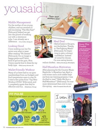 yousaidit                                                                    These waist
                                                                             whitt lers work!
         Middle Management
         I’m the mother of two young
         children, and my stomach is
         still recovering. “Flat Abs Fast!”
         [February] helped me get
         into the groove of working
         out with a resistance
         tube. I can already see a
         difference. —Irina Jordan, Oswego, IL                                        Meal Deal
                                                                                  I feel at home in the gym,             Score This
         Looking Good                                                             not the kitchen. Thanks                Freebie
         I love working out, but I’m                                              to “Fat-Fighting Meals”                LOVE AN ARTICLE
         never sure what to wear.                                                  [February], I’m begin-                IN THIS ISSUE?
                                                                                                                         Tell us about it, and
         After reading “No Sweats”                                                 ning to gain culinary                 if we publish your
         [February], I’m no longer a                                                confidence. Instead                  letter, we’ll send you
                                                                                                                         a bunch of beauty
         baggy-pants-and-T-shirt                                                    of cereal for dinner,                loot: all the hair
         kind of girl at the gym. Now                                             I’m now eating lemon-                  products featured
                                                                                                                         in “Style Steals”
         I know exactly how to dress for my                          walnut chicken. —Melissa Hunsberger, Philadelphia   on page 34 (a $34
         body type. —Kelly Looney, Anniston, AL                                                                          value). Write to us
                                                                                                                         at fitnessmail@
                                                                     Half-Marathon Motivation                            fitnessmagazine
         Wallet-Friendly Workout                                     After planning for the Country Music                .com by April 2
                                                                                                                         and include your
         Many of us have had to cut gym                              Nashville ½ Marathon last April, a                  name, address

         memberships from our budgets and                            cold winter and a sick toddler kept                 and phone number.

         find inexpensive ways to stay fit.                          me from my training program. I was
         I tried a few picks from “Top New                           thrilled to read “‘Help Me Run a
         Workout DVDs” [February], and                               Half-Marathon!’” [February]. I’m now
         I completely agree that they’re                             more determined than ever to race
         effective and fun. —Molly Rosen, Chicago                    this spring. —Robin Turnipseed, Rossville, GA


           FIT PULSE
           What’s the top reason you skip your workout?
                                                                                         I won it!
                                                                                           THE GIFTS OF FITNESS
                                                                                         NOVEMBER/DECEMBER




                                                                                         My daughter, Ashley, hit
                                                                                          the ski slopes wearing
                         I don’t feel motivated.           I have no time.               her new Dragon goggles.
                                                                                             She loves them!
                                                                                                                                                  BOT TOM LEF T: ISTOCKPHOTO




                                                                                              Michelle Lander,
                                                                                               Attleboro, MA

                                        I’m too                   I’m bored
                                         tired.                     with my
                                                               current routine.
                                        Source: FITNESS magazine poll on Facebook

14   FITNESSMAGAZINE.COM | APRIL 2010
 