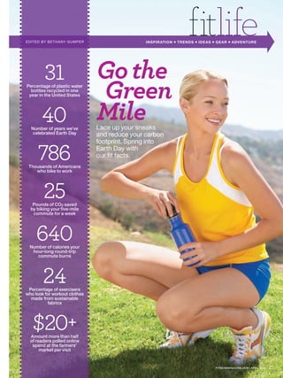 ED ITED BY BE TH A NY GUMPER                   INSPIR ATION   ●
                                                                      fitlife
                                                                  TRE NDS   ●   IDE AS   ●   GE AR   ●   ADVE NTURE




                               Go the
Percentage of plastic water
  bottles recycled in one
 year in the United States     Green
  Number of years we’ve
                               Mile
                               Lace up your sneaks
   celebrated Earth Day        and reduce your carbon
                               footprint. Spring into
                               Earth Day with
                               our fit facts.
 Thousands of Americans
    who bike to work




   Pounds of CO2 saved
  by biking your five-mile
   commute for a week




 Number of calories your
  hour-long round-trip
    commute burns




 Percentage of exercisers
who look for workout clothes
  made from sustainable
           fabrics




  Amount more than half
  of readers polled online
   spend at the farmers’
       market per visit


                                                                                             FITNESSMAGAZINE.COM | APRIL 2010   21
 