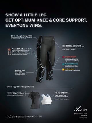 CW-X® 3/4 Length Stabilyx™ Tights
            provide support to the knee and core areas
            for greater stability and power.




                                                                           80% COOLMAX® / 20% LYCRA®
                                                                           fabric helps keep the body cool and dry, pulls
                                                                           moisture away from the body and carries it
             Patented CW-X® Support Web™                                   to the outside of the tights.
             supports the lower abdominals, hips
             and back, while reducing stress on
             the knees and other joints. US Patent
             Numbers 5263923 and 6186970.

                                                                                Targeted Support
                                                                                Anatomically engineered
                                                                                exoskeleton keeps muscles
                                                                                aligned, increasing efﬁciency.

                                                                                Xcelerated Recovery
                                                                                Gentle pressure increases
                                                                                blood ﬂow, reducing fatigue.

                                                                                UV Protection
                    Reﬂective Flash                                             UPF 40+ for UVA/UVB protection.
                    and Logos
                    provide extra visibility
                    in low light conditions.




Optimum support doesn’t stop at the waist



The Ventilator Web Top™                                    The Xtra Support Bra™
features the CW-X® Support Web™                            features the Five-Point inner cup
and stretch mesh ventilator panels.                        CW-X® Support Web.       ™


                                                           US Patent Number 7081035.

                                                           Available for sizes up to 40DD.




CW-X – the original, patented support layer, since 1991.                                                           B E YO N D
        ®


©2010 CW-X. CW-X is a Wacoal Corp. registered trademark.                                                         www.cw-x.com
 