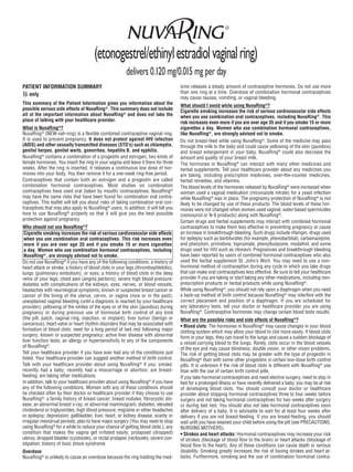 ®




                                                       delivers 0.120 mg/0.015 mg per day
PATIENT INFORMATION SUMMARY                                                         icine releases a steady amount of contraceptive hormones. Do not use more
  only                                                                              than one ring at a time. Overdose of combination hormonal contraceptives
                                                                                    may cause nausea, vomiting, or vaginal bleeding.
This summary of the Patient Information gives you information about the             What should I avoid while using NuvaRing®?
possible serious side effects of NuvaRing®. This summary does not include           Cigarette smoking increases the risk of serious cardiovascular side effects
all of the important information about NuvaRing® and does not take the              when you use combination oral contraceptives, including NuvaRing®. This
place of talking with your healthcare provider.                                     risk increases even more if you are over age 35 and if you smoke 15 or more
What is NuvaRing®?                                                                  cigarettes a day. Women who use combination hormonal contraceptives,
NuvaRing® (NEW-vah-ring) is a flexible combined contraceptive vaginal ring.         like NuvaRing®, are strongly advised not to smoke.
It is used to prevent pregnancy. It does not protect against HIV infection          Do not breast-feed while using NuvaRing®. Some of the medicine may pass
(AIDS) and other sexually transmitted diseases (STD’s) such as chlamydia,           through the milk to the baby and could cause yellowing of the skin (jaundice)
genital herpes, genital warts, gonorrhea, hepatitis B, and syphilis.                and breast enlargement in your baby. NuvaRing® could also decrease the
NuvaRing® contains a combination of a progestin and estrogen, two kinds of          amount and quality of your breast milk.
female hormones. You insert the ring in your vagina and leave it there for three    The hormones in NuvaRing® can interact with many other medicines and
weeks. After the ring is inserted, it releases a continuous low dose of hor-        herbal supplements. Tell your healthcare provider about any medicines you
mones into your body. You then remove it for a one-week ring-free period.           are taking, including prescription medicines, over-the-counter medicines,
Contraceptives that contain both an estrogen and a progestin are called             herbal remedies, and vitamins.
combination hormonal contraceptives. Most studies on combination                    The blood levels of the hormones released by NuvaRing® were increased when
contraceptives have used oral (taken by mouth) contraceptives. NuvaRing®            women used a vaginal medication (miconazole nitrate) for a yeast infection
may have the same risks that have been found for combination oral contra-           while NuvaRing® was in place. The pregnancy protection of NuvaRing® is not
ceptives. This leaflet will tell you about risks of taking combination oral con-    likely to be changed by use of these products. The blood levels of these hor-
traceptives that may also apply to NuvaRing® users. In addition, it will tell you   mones were not changed when women used vaginal, water-based spermicides
how to use NuvaRing® properly so that it will give you the best possible            (nonoxynol or N-9 products) along with NuvaRing®.
protection against pregnancy.                                                       Certain drugs and herbal supplements may interact with combined hormonal
Who should not use NuvaRing®?                                                       contraceptives to make them less effective in preventing pregnancy or cause
 Cigarette smoking increases the risk of serious cardiovascular side effects        an increase in breakthrough bleeding. Such drugs include rifampin, drugs used
 when you use combination oral contraceptives. This risk increases even             for epilepsy such as barbiturates (for example, phenobarbital), carbamazepine,
 more if you are over age 35 and if you smoke 15 or more cigarettes                 and phenytoin, primidone, topiramate, phenylbutazone, modafinil, and some
 a day. Women who use combination hormonal contraceptives, including                drugs used for HIV such as ritonavir. Pregnancies and breakthrough bleeding
 NuvaRing®, are strongly advised not to smoke.                                      have been reported by users of combined hormonal contraceptives who also
Do not use NuvaRing® if you have any of the following conditions: a history of      used the herbal supplement St. John’s Wort. You may need to use a non-
heart attack or stroke; a history of blood clots in your legs (thrombophlebitis),   hormonal method of contraception during any cycle in which you take drugs
lungs (pulmonary embolism), or eyes; a history of blood clots in the deep           that can make oral contraceptives less effective. Be sure to tell your healthcare
veins of your legs; chest pain (angina pectoris); severe high blood pressure;       provider if you are taking or start taking any other medications, including non-
diabetes with complications of the kidneys, eyes, nerves, or blood vessels;         prescription products or herbal products while using NuvaRing®.
headaches with neurological symptoms; known or suspected breast cancer or           While using NuvaRing®, you should not rely upon a diaphragm when you need
cancer of the lining of the uterus, cervix, or vagina (now or in the past);         a back-up method of birth control because NuvaRing® may interfere with the
unexplained vaginal bleeding (until a diagnosis is reached by your healthcare       correct placement and position of a diaphragm. If you are scheduled for
provider); yellowing of the whites of the eyes or of the skin (jaundice) during     any laboratory tests, tell your doctor or healthcare provider you are using
pregnancy or during previous use of hormonal birth control of any kind              NuvaRing®. Contraceptive hormones may change certain blood tests results.
(the pill, patch, vaginal ring, injection, or implant); liver tumor (benign or      What are the possible risks and side effects of NuvaRing®?
cancerous); heart valve or heart rhythm disorders that may be associated with       • Blood clots: The hormones in NuvaRing® may cause changes in your blood
formation of blood clots; need for a long period of bed rest following major        clotting system which may allow your blood to clot more easily. If blood clots
surgery; known or suspected pregnancy; active liver disease with abnormal           form in your legs, they can travel to the lungs and cause a sudden blockage of
liver function tests; an allergy or hypersensitivity to any of the components       a vessel carrying blood to the lungs. Rarely, clots occur in the blood vessels
of NuvaRing®.                                                                       of the eye and may cause blindness, double vision, or other vision problems.
Tell your healthcare provider if you have ever had any of the conditions just       The risk of getting blood clots may be greater with the type of progestin in
listed. Your healthcare provider can suggest another method of birth control.       NuvaRing® than with some other progestins in certain low-dose birth control
Talk with your healthcare provider about using NuvaRing® if you: smoke;             pills. It is unknown if the risk of blood clots is different with NuvaRing® use
recently had a baby; recently had a miscarriage or abortion; are breast-            than with the use of certain birth control pills.
feeding; are taking other medications.                                              If you take hormonal contraceptives and need elective surgery, need to stay in
In addition, talk to your healthcare provider about using NuvaRing® if you have     bed for a prolonged illness or have recently delivered a baby, you may be at risk
any of the following conditions. Women with any of these conditions should          of developing blood clots. You should consult your doctor or healthcare
be checked often by their doctor or healthcare provider if they choose to use       provider about stopping hormonal contraceptives three to four weeks before
NuvaRing®: a family history of breast cancer; breast nodules, fibrocystic dis-      surgery and not taking hormonal contraceptives for two weeks after surgery
ease, an abnormal breast x-ray, or abnormal mammogram; diabetes; elevated           or during bed rest. You should also not take hormonal contraceptives soon
cholesterol or triglycerides; high blood pressure; migraine or other headaches      after delivery of a baby. It is advisable to wait for at least four weeks after
or epilepsy; depression; gallbladder, liver, heart, or kidney disease; scanty or    delivery if you are not breast-feeding. If you are breast-feeding, you should
irregular menstrual periods; plan to have major surgery (You may need to stop       wait until you have weaned your child before using the pill (see PRECAUTIONS,
using NuvaRing® for a while to reduce your chance of getting blood clots.); any     NURSING MOTHERS).
condition that makes the vagina get irritated easily; prolapsed (dropped)           • Strokes and heart attacks: Hormonal contraceptives may increase your risk
uterus, dropped bladder (cystocele), or rectal prolapse (rectocele); severe con-    of strokes (blockage of blood flow to the brain) or heart attacks (blockage of
stipation; history of toxic shock syndrome.                                         blood flow to the heart). Any of these conditions can cause death or serious
Overdose                                                                            disability. Smoking greatly increases the risk of having strokes and heart at-
NuvaRing® is unlikely to cause an overdose because the ring holding the med-        tacks. Furthermore, smoking and the use of combination hormonal contra-
 