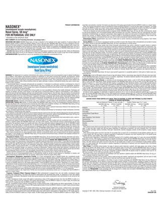 PRODUCT INFORMATION             most litters were aborted or resorbed. No toxicity was observed at 140 mcg/kg (approximately 6 times the MRDID in adults on a mcg/m2 basis).
NASONEX®                                                                                                                                                     When rats received subcutaneous doses of mometasone furoate throughout pregnancy or during the later stages of pregnancy, 15 mcg/kg
                                                                                                                                                          (less than the MRDID in adults on a mcg/m2 basis) caused prolonged and difficult labor and reduced the number of live births, birth weight,
(mometasone furoate monohydrate)                                                                                                                          and early pup survival. Similar effects were not observed at 7.5 mcg/kg (less than the MRDID in adults on a mcg/m2 basis).
                                                                                                                                                             There are no adequate and well-controlled studies in pregnant women. NASONEX Nasal Spray, 50 mcg, like other corticosteroids, should
Nasal Spray, 50 mcg*                                                                                                                                      be used during pregnancy only if the potential benefits justify the potential risk to the fetus. Experience with oral corticosteroids since their
                                                                                                                                                          introduction in pharmacologic, as opposed to physiologic, doses suggests that rodents are more prone to teratogenic effects from cortico-
FOR INTRANASAL USE ONLY                                                                                                                                   steroids than humans. In addition, because there is a natural increase in corticosteroid production during pregnancy, most women will
*calculated on the anhydrous basis                                                                                                                        require a lower exogenous corticosteroid dose and many will not need corticosteroid treatment during pregnancy.
                                                                                                                                                             Nonteratogenic Effects: Hypoadrenalism may occur in infants born to women receiving corticosteroids during pregnancy. Such infants
BRIEF SUMMARY (For full Prescribing Information, see package insert.)                                                                                     should be carefully monitored.
INDICATIONS AND USAGE NASONEX Nasal Spray, 50 mcg is indicated for the treatment of the nasal symptoms of seasonal allergic and                              Nursing Mothers: It is not known if mometasone furoate is excreted in human milk. Because other corticosteroids are excreted in human
perennial allergic rhinitis, in adults and pediatric patients 2 years of age and older. NASONEX Nasal Spray, 50 mcg is indicated for the pro-             milk, caution should be used when NASONEX Nasal Spray, 50 mcg is administered to nursing women.
phylaxis of the nasal symptoms of seasonal allergic rhinitis in adult and adolescent patients 12 years and older. In patients with a known sea-              Pediatric Use: Controlled clinical studies have shown intranasal corticosteroids may cause a reduction in growth velocity in pediatric
sonal allergen that precipitates nasal symptoms of seasonal allergic rhinitis, initiation of prophylaxis with NASONEX Nasal Spray, 50 mcg is              patients. This effect has been observed in the absence of laboratory evidence of hypothalamic-pituitary-adrenal (HPA) axis suppression, sug-
recommended 2 to 4 weeks prior to the anticipated start of the pollen season. Safety and effectiveness of NASONEX Nasal Spray, 50 mcg in                  gesting that growth velocity is a more sensitive indicator of systemic corticosteroid exposure in pediatric patients than some commonly used
pediatric patients less than 2 years of age have not been established.                                                                                    tests of HPA axis function. The long-term effects of this reduction in growth velocity associated with intranasal corticosteroids, including the
   NASONEX Nasal Spray, 50 mcg, is indicated for the treatment of nasal polyps in patients 18 years of age and older. Safety and effectiveness            impact on final adult height, are unknown. The potential for “catch up” growth following discontinuation of treatment with intranasal corti-
of NASONEX Nasal Spray, 50 mcg, for the treatment of nasal polyps in pediatric patients less than 18 years of age have not been established.              costeroids has not been adequately studied. The growth of pediatric patients receiving intranasal corticosteroids, including NASONEX Nasal
CONTRAINDICATIONS Hypersensitivity to any of the ingredients of this preparation contraindicates its use.                                                 Spray, 50 mcg, should be monitored routinely (eg, via stadiometry). The potential growth effects of prolonged treatment should be weighed
                                                                                                                                                          against clinical benefits obtained and the availability of safe and effective noncorticosteroid treatment alternatives. To minimize the systemic
                                                                                                                                                          effects of intranasal corticosteroids, including NASONEX Nasal Spray, 50 mcg, each patient should be titrated to his/her lowest effective dose.
                                                                                                                                                             Seven hundred and twenty (720) patients 3 to 11 years of age with allergic rhinitis were treated with mometasone furoate nasal spray,
                                                                                                                                                          50 mcg (100 mcg total daily dose) in controlled clinical trials (see CLINICAL PHARMACOLOGY, Clinical Studies section). Twenty-eight (28)
                                                                                                                                                          patients 2 to 5 years of age with allergic rhinitis were treated with mometasone furoate nasal spray, 50 mcg (100 mcg total daily dose) in a
                                                                                                                                                          controlled trial to evaluate safety (see CLINICAL PHARMACOLOGY, Pharmacokinetics section). Safety and effectiveness in children less than
                                                                                                                                                          2 years of age with allergic rhinitis and in children less than 18 years of age with nasal polyps have not been established.
                                                                                                                                                             A clinical study has been conducted for 1 year in pediatric patients with allergic rhinitis (ages 3 to 9 years) to assess the effect of NASONEX
                                                                                                                                                          Nasal Spray, 50 mcg (100 mcg total daily dose) on growth velocity. No statistically significant effect on growth velocity was observed for
                                                                                                                                                          NASONEX Nasal Spray, 50 mcg compared to placebo. No evidence of clinically relevant HPA axis suppression was observed following a
                                                                                                                                                          30-minute cosyntropin infusion.
                                                                                                                                                             The potential of NASONEX Nasal Spray, 50 mcg to cause growth suppression in susceptible patients or when given at higher doses can-
                                                                                                                                                          not be ruled out.
WARNINGS The replacement of a systemic corticosteroid with a topical corticosteroid can be accompanied by signs of adrenal insufficiency                     Geriatric Use: A total of 280 patients above 64 years of age with allergic rhinitis or nasal polyps (age range 64 to 86 years) have been treat-
and, in addition, some patients may experience symptoms of withdrawal; ie, joint and/or muscular pain, lassitude, and depression. Careful                 ed with NASONEX Nasal Spray, 50 mcg for up to 3 or 4 months, respectively. The adverse reactions reported in this population were similar
attention must be given when patients previously treated for prolonged periods with systemic corticosteroids are transferred to topical cor-              in type and incidence to those reported by younger patients.
ticosteroids, with careful monitoring for acute adrenal insufficiency in response to stress. This is particularly important in those patients who         ADVERSE REACTIONS Allergic Rhinitis. In controlled US and international clinical studies, a total of 3210 adult and adolescent patients
have associated asthma or other clinical conditions where too rapid a decrease in systemic corticosteroid dosing may cause a severe exac-                 ages 12 years and older with allergic rhinitis received treatment with NASONEX Nasal Spray, 50 mcg at doses of 50 to 800 mcg/day. The
erbation of their symptoms.                                                                                                                               majority of patients (n = 2103) were treated with 200 mcg/day. In controlled US and international studies, a total of 990 pediatric patients
   If recommended doses of intranasal corticosteroids are exceeded or if individuals are particularly sensitive or predisposed by virtue of               (ages 3 to 11 years) with allergic rhinitis received treatment with NASONEX Nasal Spray, 50 mcg, at doses of 25 to 200 mcg/day. The major-
recent systemic steroid therapy, symptoms of hypercorticism may occur, including very rare cases of menstrual irregularities, acneiform                   ity of pediatric patients (720) were treated with 100 mcg/day. A total of 513 adult, adolescent, and pediatric patients have been treated for
lesions, and cushingoid features. If such changes occur, topical corticosteroids should be discontinued slowly, consistent with accepted pro-             1 year or longer. The overall incidence of adverse events for patients treated with NASONEX Nasal Spray, 50 mcg was comparable to patients
cedures for discontinuing oral steroid therapy.                                                                                                           treated with the vehicle placebo. Also, adverse events did not differ significantly based on age, sex, or race. Three percent or less of patients
   Persons who are on drugs which suppress the immune system are more susceptible to infections than healthy individuals. Chickenpox and                  in clinical trials discontinued treatment because of adverse events; this rate was similar for the vehicle and active comparators.
measles, for example, can have a more serious or even fatal course in nonimmune children or adults on corticosteroids. In such children or                   All adverse events (regardless of relationship to treatment) reported by 5% or more of adult and adolescent patients ages 12 years and
adults who have not had these diseases, particular care should be taken to avoid exposure. How the dose, route, and duration of corticosteroid            older who received NASONEX Nasal Spray, 50 mcg, 200 mcg/day and by pediatric patients ages 3 to 11 years who received NASONEX Nasal
administration affects the risk of developing a disseminated infection is not known. The contribution of the underlying disease and/or prior cor-         Spray, 50 mcg, 100 mcg/day in clinical trials vs placebo and that were more common with NASONEX Nasal Spray, 50 mcg than placebo, are
ticosteroid treatment to the risk is also not known. If exposed to chickenpox, prophylaxis with varicella zoster immune globin (VZIG) may be              displayed in the table below.
indicated. If exposed to measles, prophylaxis with pooled intramuscular immunoglobulin (IG) may be indicated. (See the respective package
inserts for complete VZIG and IG prescribing information.) If chickenpox develops, treatment with antiviral agents may be considered.                              ADVERSE EVENTS FROM CONTROLLED CLINICAL TRIALS IN SEASONAL ALLERGIC AND PERENNIAL ALLERGIC RHINITIS
PRECAUTIONS General: Intranasal corticosteroids may cause a reduction in growth velocity when administered to pediatric patients (see                                                                           (PERCENT OF PATIENTS REPORTING)
PRECAUTIONS, Pediatric Use section). In clinical studies with NASONEX Nasal Spray, 50 mcg, the development of localized infections of                                                  Adult and Adolescent Patients 12 years and older           Pediatric Patients Ages 3 to 11 years
the nose and pharynx with Candida albicans has occurred only rarely. When such an infection develops, use of NASONEX Nasal Spray, 50 mcg                                                    NASONEX 200 mcg         VEHICLE PLACEBO          NASONEX 100 mcg            VEHICLE PLACEBO
should be discontinued and appropriate local or systemic therapy instituted, if needed.                                                                                                         (n = 2103)              (n = 1671)                 (n = 374)                 (n = 376)
   Nasal corticosteroids should be used with caution, if at all, in patients with active or quiescent tuberculous infection of the respiratory tract,
or in untreated fungal, bacterial, systemic viral infections, or ocular herpes simplex.                                                                   Headache                                   26                     22                         17                        18
   Rarely, immediate hypersensitivity reactions may occur after the intranasal administration of mometasone furoate monohydrate. Extremely                Viral Infection                            14                     11                           8                        9
rare instances of wheezing have been reported.                                                                                                            Pharyngitis                                12                     10                         10                        10
   Rare instances of nasal septum perforation and increased intraocular pressure have also been reported following the intranasal application             Epistaxis/Blood-Tinged Mucus               11                      6                           8                        9
of aerosolized corticosteroids. As with any long-term topical treatment of the nasal cavity, patients using NASONEX Nasal Spray, 50 mcg over
several months or longer should be examined periodically for possible changes in the nasal mucosa.                                                        Coughing                                     7                     6                         13                        15
   Because of the inhibitory effect of corticosteroids on wound healing, patients who have experienced recent nasal septum ulcers, nasal sur-             Upper Respiratory Tract Infection            6                     2                           5                        4
gery, or nasal trauma should not use a nasal corticosteroid until healing has occurred.                                                                   Dysmenorrhea                                 5                     3                           1                        0
   Glaucoma and cataract formation was evaluated in one controlled study of 12 weeks’ duration and one uncontrolled study of 12 months’
duration in patients treated with NASONEX Nasal Spray, 50 mcg at 200 mcg/day, using intraocular pressure measurements and slit lamp                       Musculoskeletal Pain                         5                     3                           1                        1
examination. No significant change from baseline was noted in the mean intraocular pressure measurements for the 141 NASONEX-treated                      Sinusitis                                    5                     3                           4                        4
patients in the 12-week study, as compared with 141 placebo-treated patients. No individual NASONEX-treated patient was noted to have                     Vomiting                                     1                     1                           5                        4
developed a significant elevation in intraocular pressure or cataracts in this 12-week study. Likewise, no significant change from baseline was              Other adverse events which occurred in less than 5% but greater than or equal to 2% of mometasone furoate adult and adolescent patients
noted in the mean intraocular pressure measurements for the 139 NASONEX-treated patients in the 12-month study and again, no cataracts                    (ages 12 years and older) treated with 200-mcg doses (regardless of relationship to treatment), and more frequently than in the placebo
were detected in these patients. Nonetheless, nasal and inhaled corticosteroids have been associated with the development of glaucoma                     group included: arthralgia, asthma, bronchitis, chest pain, conjunctivitis, diarrhea, dyspepsia, earache, flu-like symptoms, myalgia, nausea,
and/or cataracts. Therefore, close follow-up is warranted in patients with a change in vision and with a history of glaucoma and/or cataracts.            and rhinitis.
   When nasal corticosteroids are used at excessive doses, systemic corticosteroid effects such as hypercorticism and adrenal suppression                    Other adverse events which occurred in less than 5% but greater than or equal to 2% of mometasone furoate pediatric patients ages 3 to
may appear. If such changes occur, NASONEX Nasal Spray, 50 mcg should be discontinued slowly, consistent with accepted procedures for                     11 years treated with 100-mcg doses vs placebo (regardless of relationship to treatment) and more frequently than in the placebo group
discontinuing oral steroid therapy.                                                                                                                       included: diarrhea, nasal irritation, otitis media, and wheezing.
   Information for Patients: Patients being treated with NASONEX Nasal Spray, 50 mcg should be given the following information and instruc-                  The adverse event (regardless of relationship to treatment) reported by 5% of pediatric patients ages 2 to 5 years who received NASONEX
tions. This information is intended to aid in the safe and effective use of this medication. It is not a disclosure of all intended or possible adverse   Nasal Spray, 50 mcg, 100 mcg/day in a clinical trial vs placebo including 56 subjects (28 each NASONEX Nasal Spray, 50 mcg and placebo)
effects. Patients should use NASONEX Nasal Spray, 50 mcg at regular intervals (see DOSAGE AND ADMINISTRATION) since its effectiveness                     and that was more common with NASONEX Nasal Spray, 50 mcg than placebo, included: upper respiratory tract infection (7% vs 0%, respec-
depends on regular use. Improvement in nasal symptoms of allergic rhinitis has been shown to occur within 11 hours after the first dose based             tively). The other adverse event which occurred in less than 5% but greater than or equal to 2% of mometasone furoate pediatric patients
on one single-dose, parallel-group study of patients in an outdoor “park” setting (park study) and one environmental exposure unit (EEU) study            ages 2 to 5 years treated with 100-mcg doses vs placebo (regardless of relationship to treatment) and more frequently than in the placebo
and within 2 days after the first dose in two randomized, double-blind, placebo-controlled, parallel-group seasonal allergic rhinitis studies.            group included: skin trauma.
Maximum benefit is usually achieved within 1 to 2 weeks after initiation of dosing. Patients should take the medication as directed and should               Nasal Polyps. In controlled clinical studies, the types of adverse events observed in patients with nasal polyps were similar to those
not increase the prescribed dosage in an attempt to increase its effectiveness. Patients should contact their physician if symptoms do not                observed for patients with allergic rhinitis. A total of 594 adult patients (ages 18 to 86 years) received NASONEX Nasal Spray, 50 mcg, at
improve, or if the condition worsens. To assure proper use of this nasal spray, and to attain maximum benefit, patients should read and follow            doses of 200 mcg once or twice daily for up to 4 months for treatment of nasal polyps. The overall incidence of adverse events for patients
the accompanying Patient’s Instructions for Use carefully. Administration to young children should be aided by an adult.                                  treated with NASONEX Nasal Spray, 50 mcg was comparable to patients treated with the placebo except for epistaxis, which was 9% for
   Patients should be cautioned not to spray NASONEX Nasal Spray, 50 mcg into the eyes or directly onto the nasal septum.                                 200 mcg once daily, 13% for 200 mcg twice daily, and 5% for placebo.
   Persons who are on immunosuppressant doses of corticosteroids should be warned to avoid exposure to chickenpox or measles, and                            Rare cases of nasal ulcers and nasal and oral candidiasis were also reported in patients treated with NASONEX Nasal Spray, 50 mcg, pri-
patients should also be advised that if they are exposed, medical advice should be sought without delay.                                                  marily in patients treated for longer than 4 weeks.
   Carcinogenesis, Mutagenesis, Impairment of Fertility: In a 2-year carcinogenicity study in Sprague Dawley rats, mometasone furoate                        In postmarketing surveillance of this product, cases of nasal burning and irritation, anaphylaxis and angioedema, and rare cases of nasal
demonstrated no statistically significant increase in the incidence of tumors at inhalation doses up to 67 mcg/kg (approximately 1 and 2 times            septal perforation have been reported. Disturbances of taste and smell have been reported very rarely.
the maximum recommended daily intranasal dose [MRDID] in adults [400 mcg] and children [100 mcg], respectively, on a mcg/m2 basis). In                    OVERDOSAGE There are no data available on the effects of acute or chronic overdosage with NASONEX Nasal Spray, 50 mcg. Because of
a 19-month carcinogenicity study in Swiss CD-1 mice, mometasone furoate demonstrated no statistically significant increase in the incidence               low systemic bioavailability, and an absence of acute drug-related systemic findings in clinical studies, overdose is unlikely to require any
of tumors at inhalation doses up to 160 mcg/kg (approximately 2 times the MRDID in adults and children, respectively, on a mcg/m2 basis).                 therapy other than observation. Intranasal administration of 1600 mcg (4 times the recommended dose of NASONEX Nasal Spray, 50 mcg)
   Mometasone furoate increased chromosomal aberrations in an in vitro Chinese hamster ovary-cell assay, but did not increase chromosomal                 daily for 29 days, to healthy human volunteers, was well tolerated with no increased incidence of adverse events. Single intranasal doses up
aberrations in an in vitro Chinese hamster lung cell assay. Mometasone furoate was not mutagenic in the Ames test or mouse-lymphoma assay,                to 4000 mcg have been studied in human volunteers with no adverse effects reported. Single oral doses up to 8000 mcg have been studied
and was not clastogenic in an in vivo mouse micronucleus assay and a rat bone marrow chromosomal aberration assay or a mouse male germ-                   in human volunteers with no adverse effects reported. Chronic overdosage with any corticosteroid may result in signs or symptoms of hyper-
cell chromosomal aberration assay. Mometasone furoate also did not induce unscheduled DNA synthesis in vivo in rat hepatocytes.                           corticism (see PRECAUTIONS). Acute overdosage with this dosage form is unlikely since one bottle of NASONEX Nasal Spray, 50 mcg con-
   In reproductive studies in rats, impairment of fertility was not produced by subcutaneous doses up to 15 mcg/kg (less than the MRDID in                tains approximately 8500 mcg of mometasone furoate.
adults on a mcg/m2 basis).
   Pregnancy: Teratogenic Effects: Pregnancy Category C: When administered to pregnant mice, rats, and rabbits, mometasone furoate
increased fetal malformations. The doses that produced malformations also decreased fetal growth, as measured by lower fetal weights
and/or delayed ossification. Mometasone furoate also caused dystocia and related complications when administered to rats during the end
of pregnancy.
   In mice, mometasone furoate caused cleft palate at subcutaneous doses of 60 mcg/kg and above (less than the MRDID in adults on a
mcg/m2 basis). Fetal survival was reduced at 180 mcg/kg (approximately 2 times the MRDID in adults on a mcg/m2 basis). No toxicity was
observed at 20 mcg/kg (less than the MRDID in adults on a mcg/m2 basis).
   In rats, mometasone furoate produced umbilical hernia at topical dermal doses of 600 mcg/kg and above (approximately 10 times the
MRDID in adults on a mcg/m2 basis). A dose of 300 mcg/kg (approximately 6 times the MRDID in adults on a mcg/m2 basis) produced delays
in ossification, but no malformations.
   In rabbits, mometasone furoate caused multiple malformations (eg, flexed front paws, gallbladder agenesis, umbilical hernia, hydrocephaly)                                                                         Schering Corporation
at topical dermal doses of 150 mcg/kg and above (approximately 6 times the MRDID in adults on a mcg/m2 basis). In an oral study, mometa-                                                                            Kenilworth, NJ 07033 USA
sone furoate increased resorptions and caused cleft palate and/or head malformations (hydrocephaly or domed head) at 700 mcg/kg (approxi-                 Copyright © 1997, 2003, 2005, Schering Corporation. All rights reserved.                                                              Rev. 9/05
mately 30 times the MRDID in adults on a mcg/m2 basis). At 2800 mcg/kg (approximately 110 times the MRDID in adults on a mcg/m2 basis),                                                                                                                                                    26405289T-JBS
 